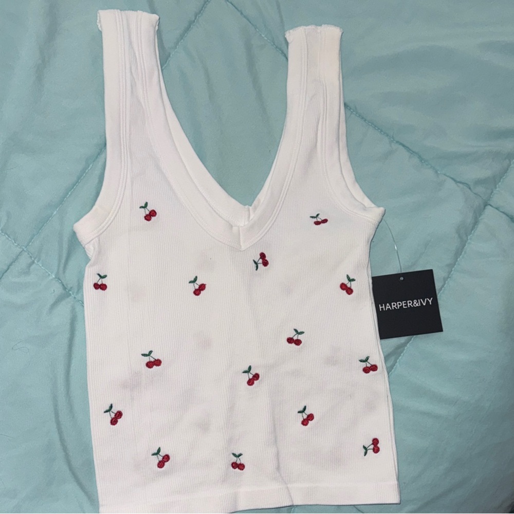 New! Harper Ivory ribbed Tank Top with Cherry embroidery